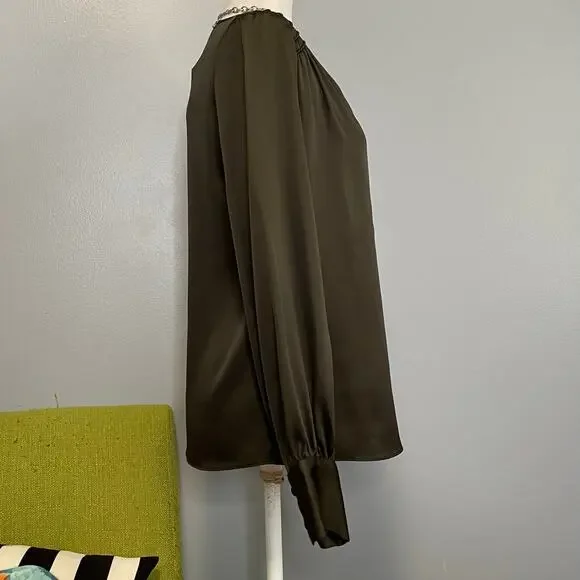 White House Black Market WHBM Satin Long Sleeve Smocked Shoulder Blouse Top NEW - Picture 3 of 6